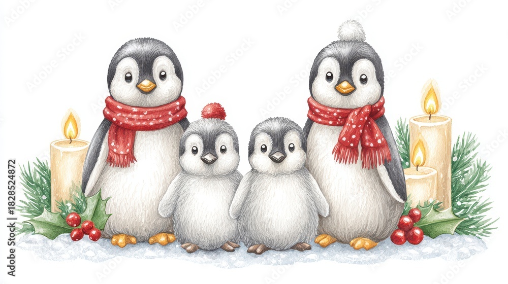 Fototapeta premium Cute Penguin Family With Red Scarves And Christmas Decorations Beside Candles In Snow