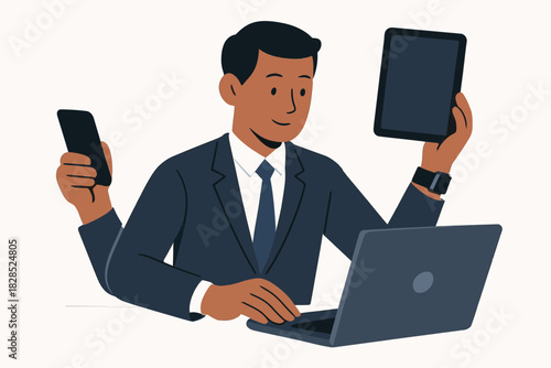 Busy businessman juggling multiple devices and tasks efficiently.