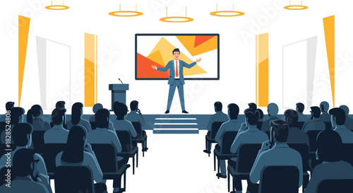 Business Conference Presentation with Speaker and Audience.