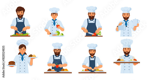 Collection of Chefs Preparing Food in a Kitchen Setting.