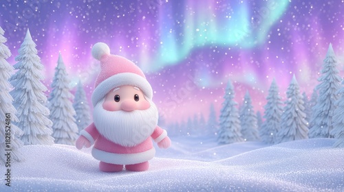 Cute Cartoon Santa Claus In Pink Outfit Standing In Snowy Forest Under Aurora Borealis Lights