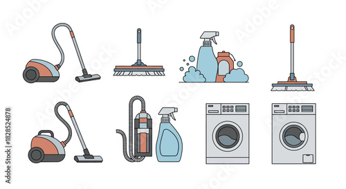 Collection of cleaning supplies and appliances vector illustration.