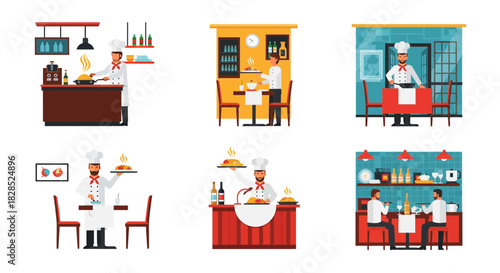 Collection of Chefs Working in Restaurant Kitchens and Serving Food.