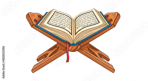 Sacred holy book open on a wooden stand, representing faith and knowledge.