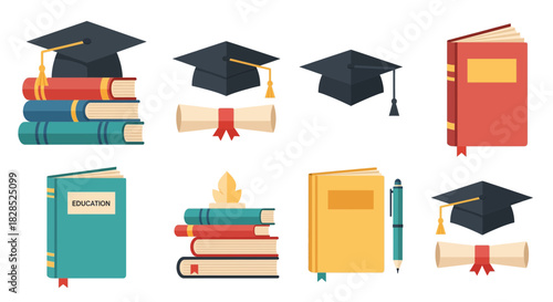 Collection of Graduation Caps Books and Diplomas Representing Education and Achievement.