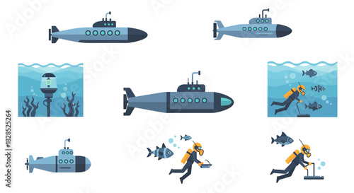 Collection of Submarines and Divers Underwater Scenes.