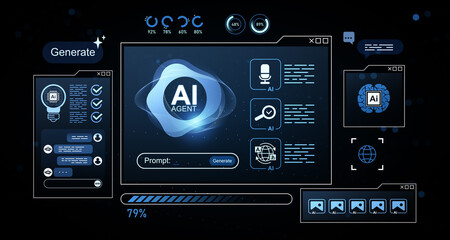 Futuristic AI agent interface with digital prompts and icons on a glowing screen concept background. 3D Rendering