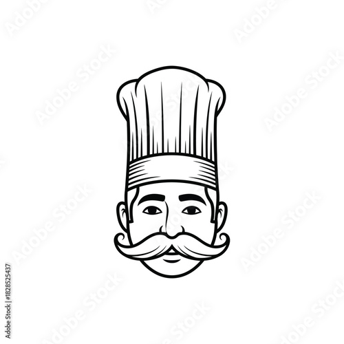 Chef with Mustache Line Art cook hat man male professional restaurant food kitchen culinary baker head person portrait drawing