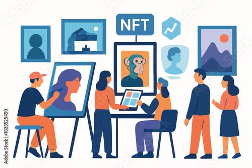 Digital Art Gallery Showcasing NFT Monkey Portrait and Diverse Audience.