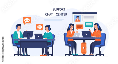 Customer Support Chat Center Team Working Together.