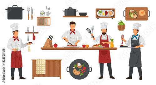 Culinary Team Preparing Food in a Professional Kitchen Setting.