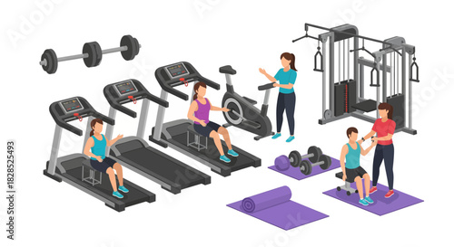 Diverse Fitness Equipment and People Exercising in a Gym Setting.