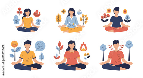 Diverse people meditating in serene natural settings with symbolic elements.