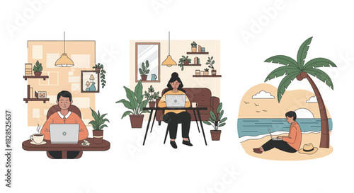 Diverse Work Environments Remote Work and Digital Nomadism Illustrated.