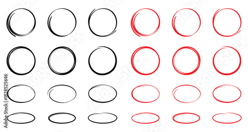 Hand drawn circle highlighter set black and red vector design, eps 10