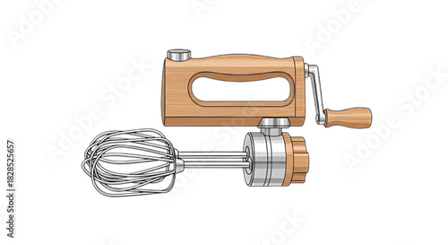 Vintage hand mixer with wooden handle and metal whisk attachment, ready for baking.