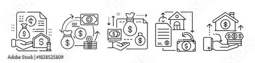 Financial transactions, loan, mortgage, investment line icons set