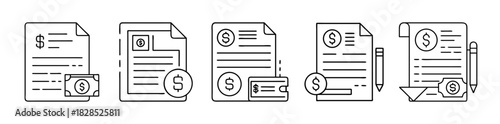 Financial document, payment, invoice, and bill line icons set.