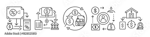 Finance and banking line icons: money flow, investment, debt, loans