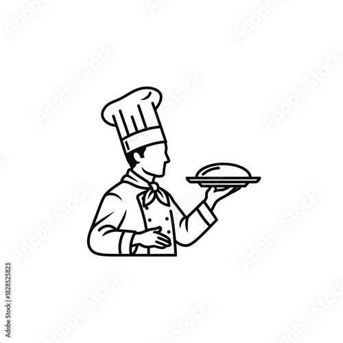 Chef Holding a Platter Line Art Illustration food restaurant cook serving uniform hat professional kitchen catering service meal