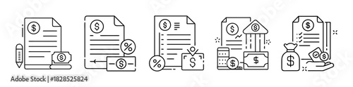 Financial documents, statements, payment, interest, money icon set.