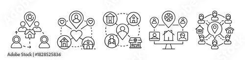 Social network, community, home and local connection web icons pack