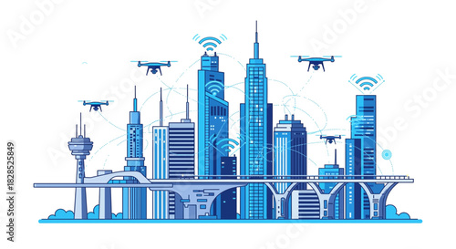 Futuristic Smart City Skyline with Drones and Connectivity.