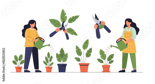 Gardening illustration with people watering plants and pruning shears.