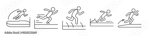 Sport movement line icons: running, jumping, obstacles, progress.