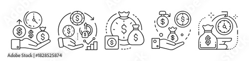 Financial growth and time management line icons set for business