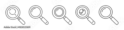 Outline magnifying glass icon set for search, zoom, find, examine