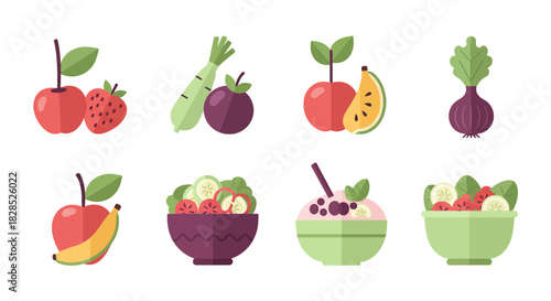 Healthy Fruits and Vegetables Assortment Flat Design Icons.