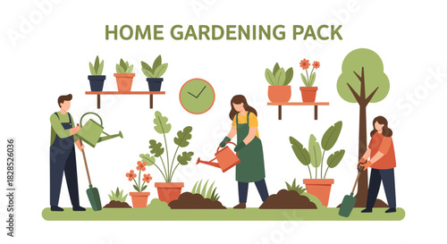 Home Gardening Pack with People Watering Plants and Trees.