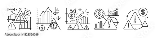 Financial market risk and business uncertainty line icons collection.