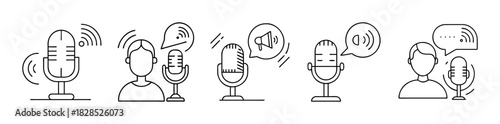Podcast, broadcast, microphone line icon set. audio communication.