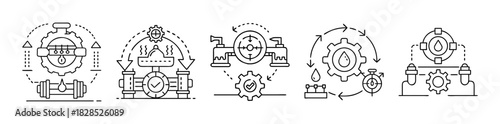 Industrial process management and water optimization line icons