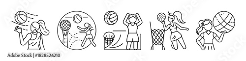 Female basketball players in active positions: diverse sport line icons
