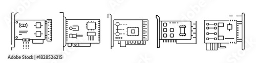 Computer expansion card circuit board vector icon set line art.