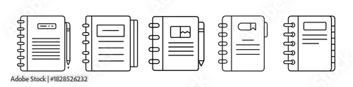 Set of linear notebook and planner icons with pens and bookmarks