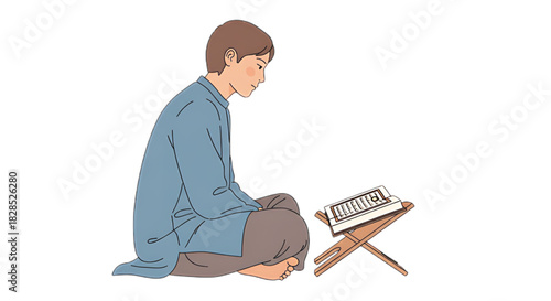Young person seated and reading from a holy book on a stand, conveying devotion and learning.