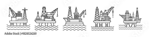 Collection of offshore oil rig platform production drilling icons