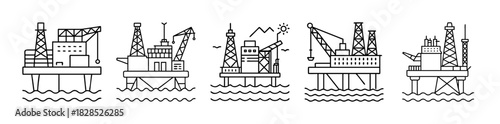 Offshore oil platform vector line icon set, petroleum and gas industry