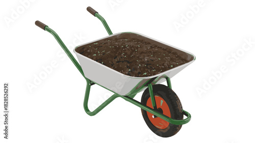 Garden Wheelbarrow Filled with Dark Soil and Green Handles gardening tool
