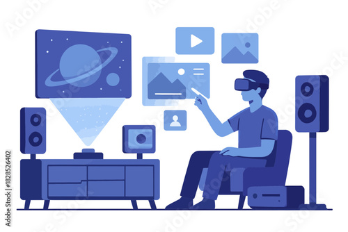 Man Immersed in Virtual Reality Experience with Futuristic Technology.