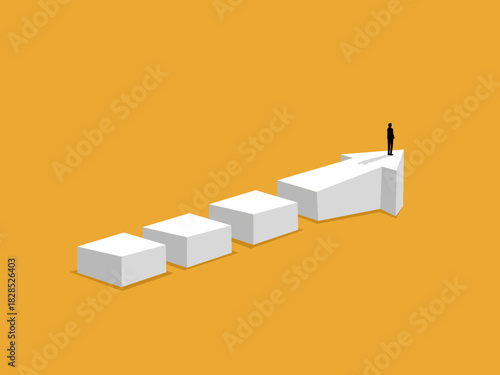 Businessman successfully overcomes obstacles at the tip of an arrow