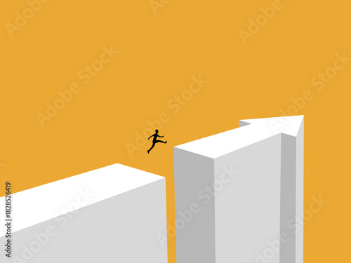 Successful businessman jumps over the gap on the arrow.