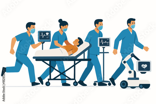 Medical Team Rushing Patient on Gurney with Equipment.