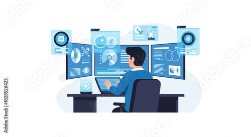Man Working on Multiple Computer Screens with Data Visualizations.