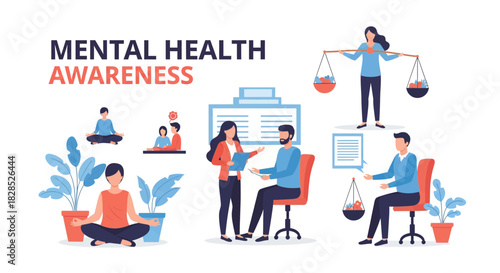 Mental Health Awareness Concept with People in Therapy and Meditation.