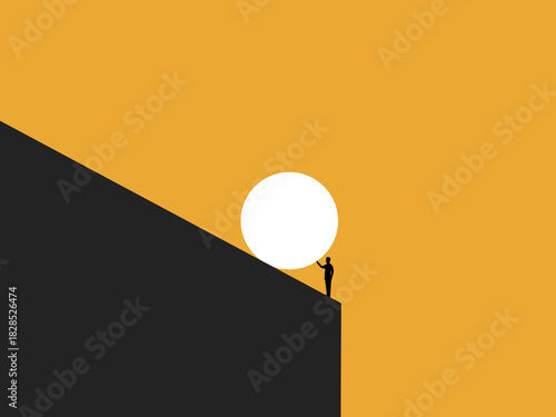 businessman stands pushing a rock on a cliff